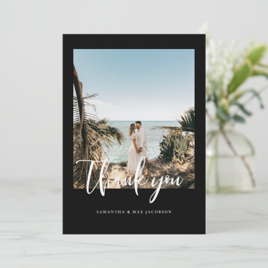 シンプルカップル結婚写真の黒 サンキューカード (スタンド正面)