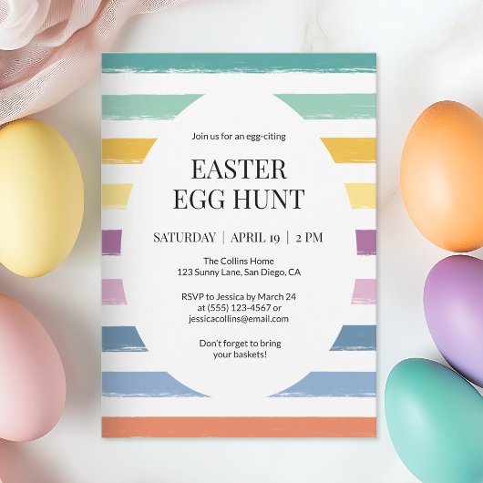シンプルカラフルイースターエッグ狩りストライプのかわいいパーティー 招待状