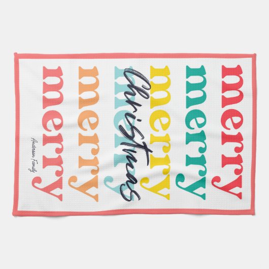 シンプルカラフルエレガント赤い白メリークリスマス キッチンタオル (横)