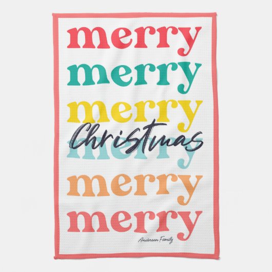 シンプルカラフルエレガント赤い白メリークリスマス キッチンタオル (縦)