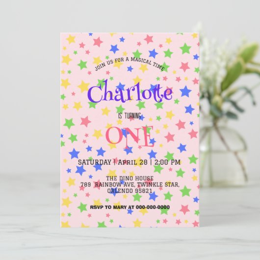 シンプルカラフルモダンスターカラフル誕生日 セーブザデート (スタンド正面)