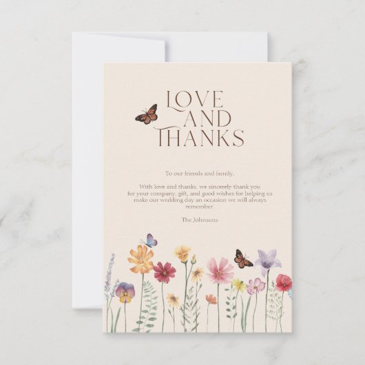 シンプルカラフルワイルドフラワーの愛と感謝してい結婚の サンキューカード (正面)