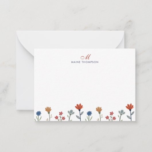 シンプルカラフル花スクリプトモノグラムストライプ花 ノートカード (正面)