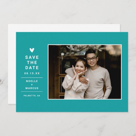 シンプルカラ無地のーハート写モダン真|アクア セーブザデート (正面/裏面)