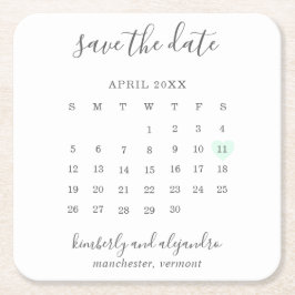 シンプルカレンダーパステルグリーンハート保存日 スクエアペーパーコースター