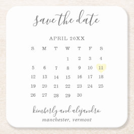 シンプルカレンダーパステル黄色ハート保存日付 スクエアペーパーコースター