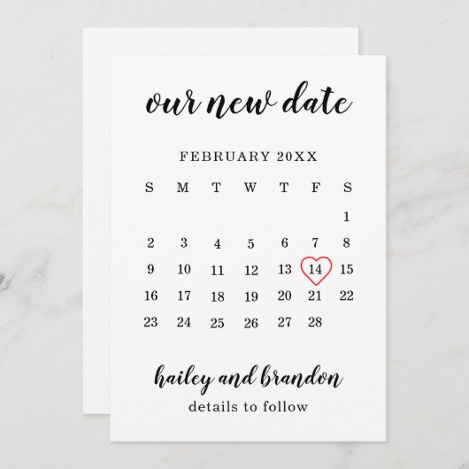 シンプルカレンダー赤いハート結婚の日付の変更 案内状 (正面/裏面)
