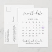 シンプルカレンダーPastelパープルハート保存日付 案内ポストカード (正面/裏面)