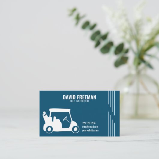 シンプルカートシルエットブルーゴルフインストラクター 名刺 (スタンド正面)