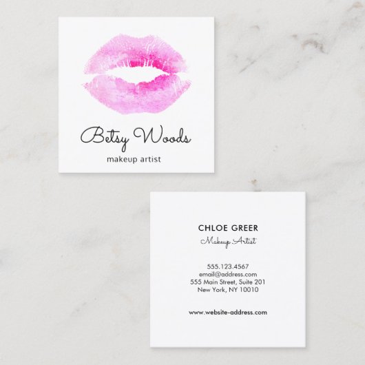 シンプルキスピンクウォーターメイクアップアーティストサロン スクエア名刺 (正面/裏面)