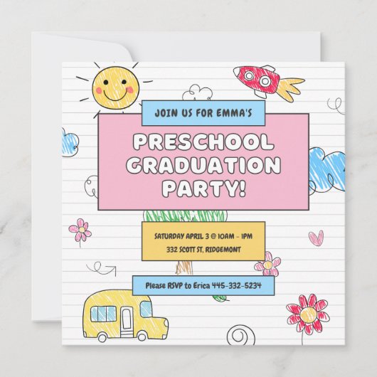 シンプルキュートプリスクール卒業パーティー招待状 招待状 (正面)