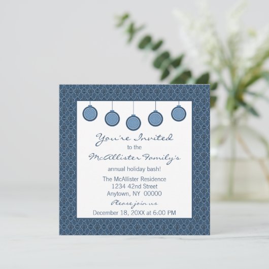 シンプルクラシックなオーナメントダマスクのクリスマスブルー 招待状 (スタンド正面)