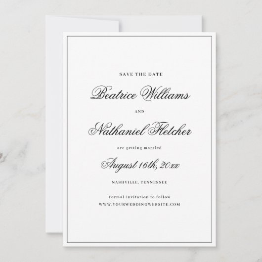 シンプルクラシックエレガント白黒フォト結婚ズ セーブザデート (正面)