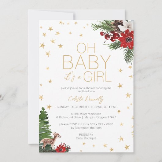 シンプルクラシッククリスマス白オ赤ちゃんガールシャワー 招待状 (正面)