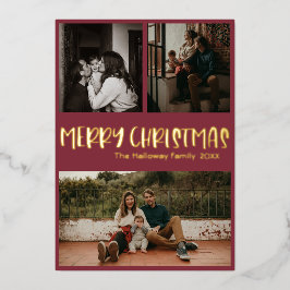 シンプルクラシッククリスマス赤3枚フォト金ゴールド 箔シーズンカード
