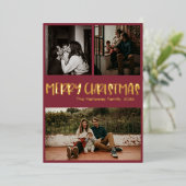 シンプルクラシッククリスマス赤3枚フォト金ゴールド 箔シーズンカード (立ち正面)