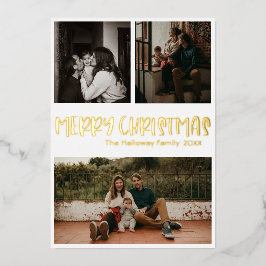 シンプルクラシッククリスマス3枚の写真金ゴールド 箔シーズンカード