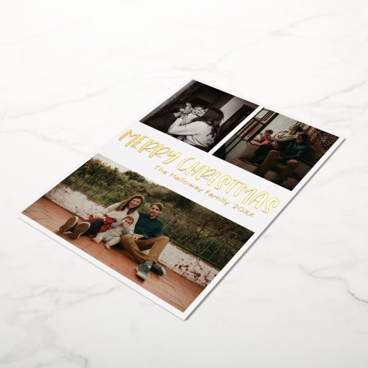 シンプルクラシッククリスマス3枚の写真金ゴールド 箔シーズンカード (回転した状態)