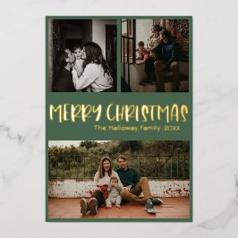 シンプルクラシッククリスマス・グリーン3枚フォト金ゴールド 箔シーズンカード
