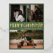 シンプルクラシッククリスマス・グリーン3枚フォト金ゴールド 箔シーズンポストカード (正面)