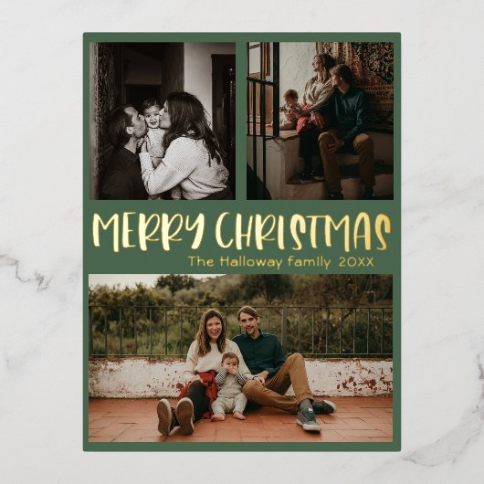 シンプルクラシッククリスマス・グリーン3枚フォト金ゴールド 箔シーズンポストカード (正面)