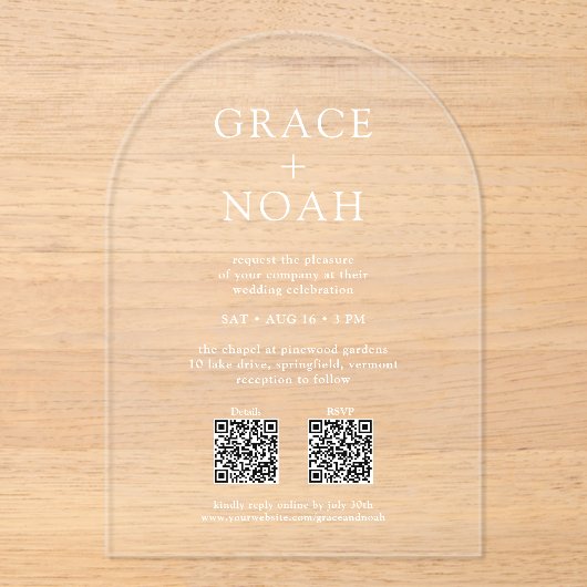 シンプルクラシックタイポグラフィQR RSVPの結婚アーチ アクリル招待状 (正面)