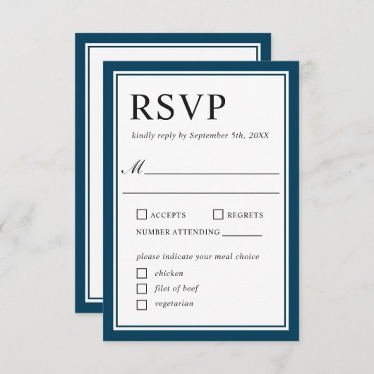 シンプルクラシックネイビーとホワイトウェディングRSVP 出欠カード (正面/裏面)