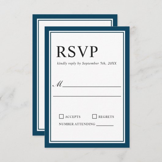 シンプルクラシックネイビーとホワイトウェディングRSVP 出欠カード (正面/裏面)