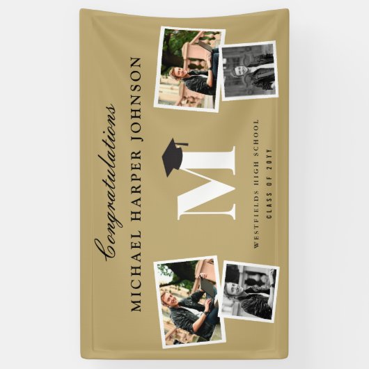 シンプルクラシックモノグラム4写真卒業パーティー 横断幕 (縦)