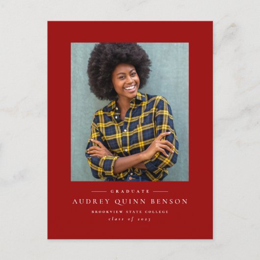 シンプルクラシック赤の卒業招待状 シーズンポストカード (正面)