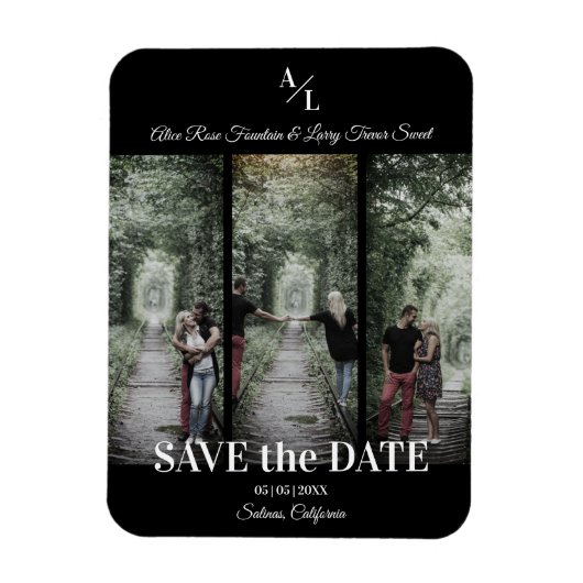 シンプルクラシック3枚の写真コラージュ婚約したカップル マグネット (縦)