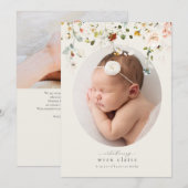 シンプルクラシック・ワイルドフラワーの写真誕生の発表 招待状 (正面/裏面)