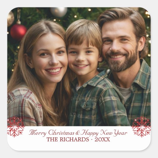 シンプルクラシックRed Snowflakes one photo スクエアシール (正面)