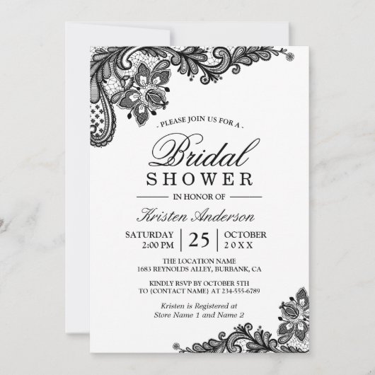 シンプルクラシーシック白黒レースブライダルシャワー 招待状 (正面)