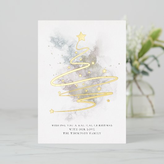 シンプルクリスマスの木の冬の水の色実在 箔シーズンカード (立ち正面)