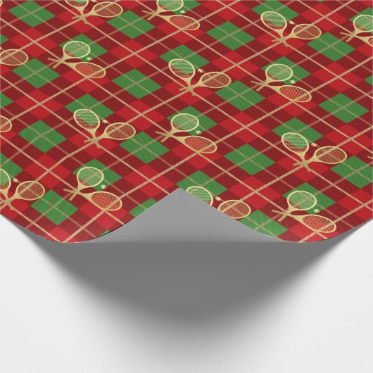 シンプルクリスマスの格子模様の赤と緑のテニス ラッピングペーパー (角)