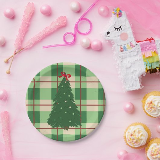 シンプルクリスマスの格子模様の赤と緑のモミの木 ペーパープレート (パーティー)