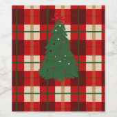 シンプルクリスマスの格子模様の赤と緑のモミの木 ワインラベル (シングルラベル)