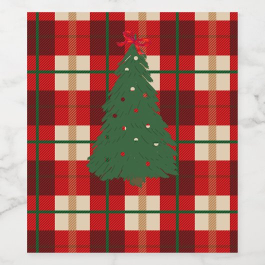 シンプルクリスマスの格子模様の赤と緑のモミの木 ワインラベル (シングルラベル)