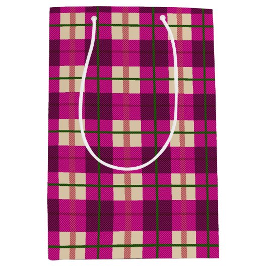 シンプルクリスマスの格子模様ピンクの紫市松模様に ミディアムペーパーバッグ (正面)