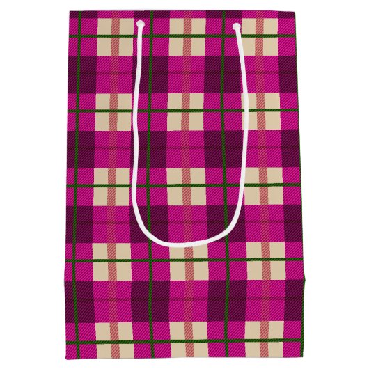 シンプルクリスマスの格子模様ピンクの紫市松模様に ミディアムペーパーバッグ (裏面)
