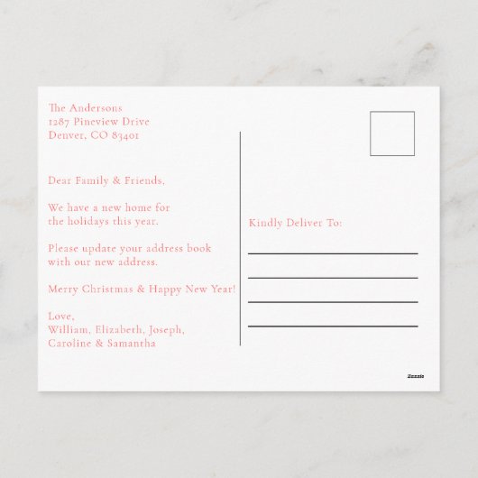 シンプルクリスマスの玄関ドアの移動告知 シーズンポストカード (裏面)