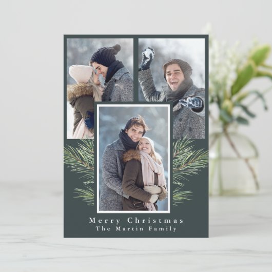 シンプルクリスマスの緑の三枚の写真 シーズンカード (スタンド正面)