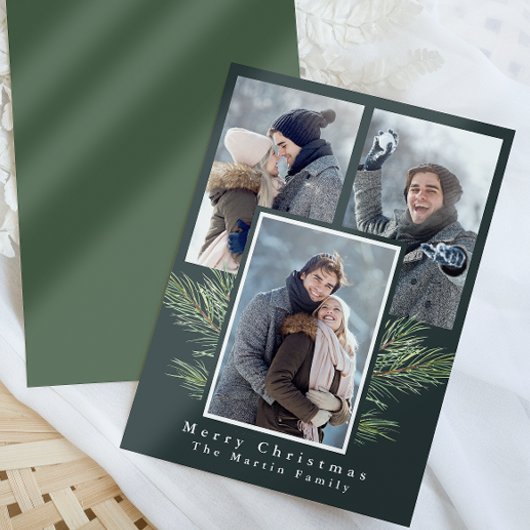 シンプルクリスマスの緑の三枚の写真 シーズンカード