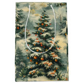 シンプルクリスマスの雪をかぶったクリスマスツリー ミディアムペーパーバッグ (正面)