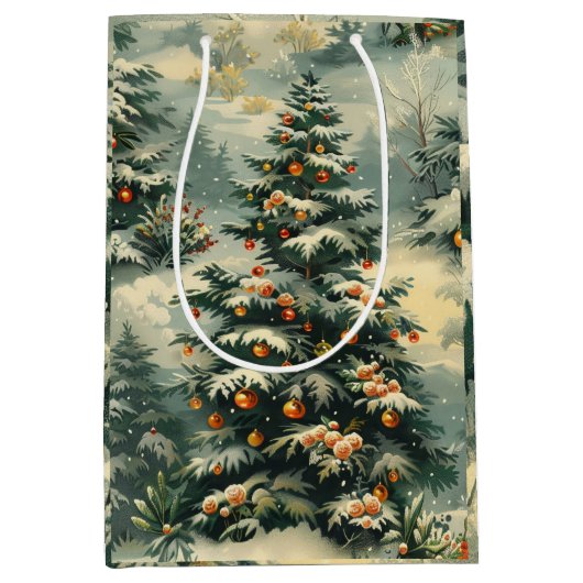 シンプルクリスマスの雪をかぶったクリスマスツリー ミディアムペーパーバッグ (正面)