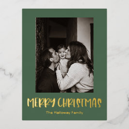 シンプルクリスマスグリーン縦型独身の写真金ゴールド 箔シーズンポストカード