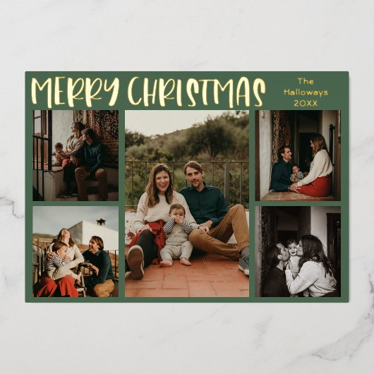 シンプルクリスマスグリーン5枚の写真金ゴールド 箔シーズンカード (正面)