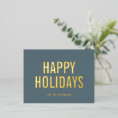 シンプルクリスマスダスティブルーハッピーホリデイズ金ゴールド 箔シーズンポストカード (立ち正面)