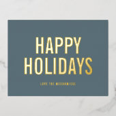 シンプルクリスマスダスティブルーハッピーホリデイズ金ゴールド 箔シーズンポストカード (正面)